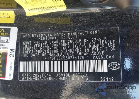 2011 Toyota Camry Se from USA, damaged, VIN 4T1BF3EK5BU744476